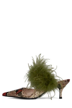 FEATHERING -Outlet Elevated Steps Store feathering heeled mule jeffrey campbell orange tan snake olive 6 325912