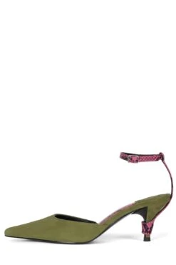 OPERATIVE -Outlet Elevated Steps Store operative heeled mule jeffrey campbell green suede pink snake 6 142189
